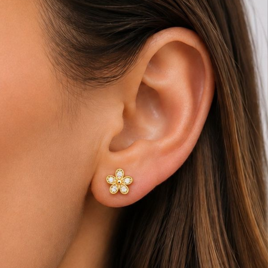 BRINCOS EM PRATA 925 DOURADA FLOR COM ZIRCONIAS
