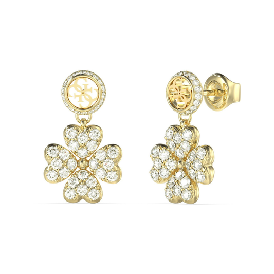 BRINCOS GUESS EM AÇO DOURADO TREVO COM ZIRCÓNIAS