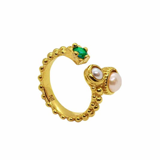 ANEL GRANITOS C/ PÉROLA E ZIRCÓNIA EM PRATA PLAQUEADO A OURO