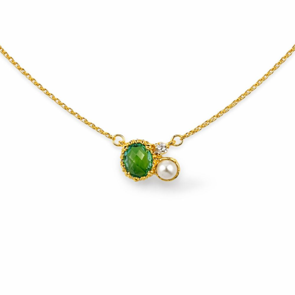 COLAR COM CENTRO EM QUARTZ E PÉROLA EM PRATA PLAQUEADO A OURO