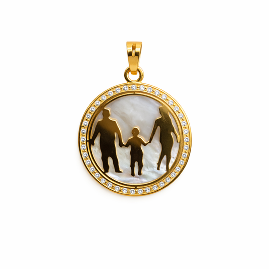 MEDALHA EM OURO 19,2K  MADREPEROLA E ZIRCONIAS ( FAMILIA )