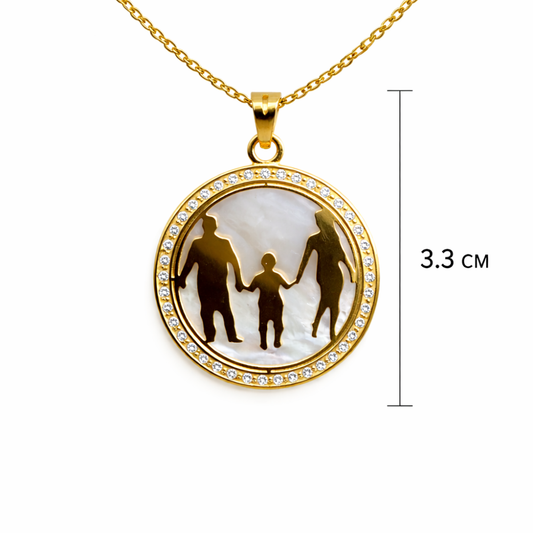 MEDALHA EM OURO 19,2K  MADREPEROLA E ZIRCONIAS ( FAMILIA )