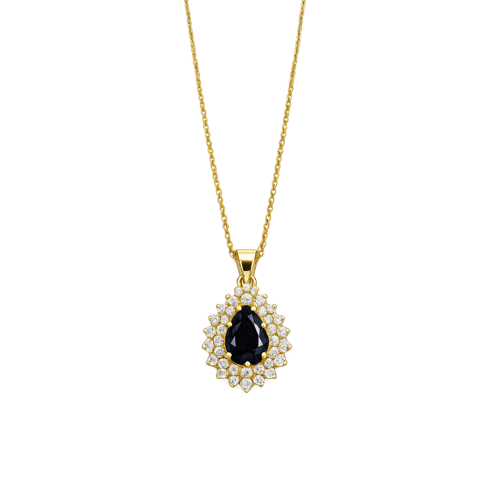 COLAR EM OURO 19,2K C/ DIAMANTE 0,58 KILATES  E 1 SAFIRA ( LAGRIMA ) 9,0 X 7,5