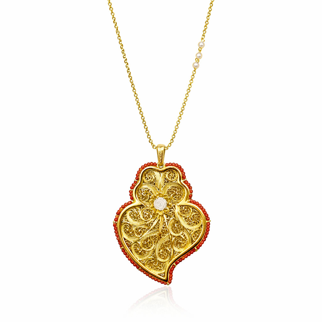 FIO C/ MEDALHA GUMUS EM PRATA DOURADA 925% C/ PEDRAS CORAL