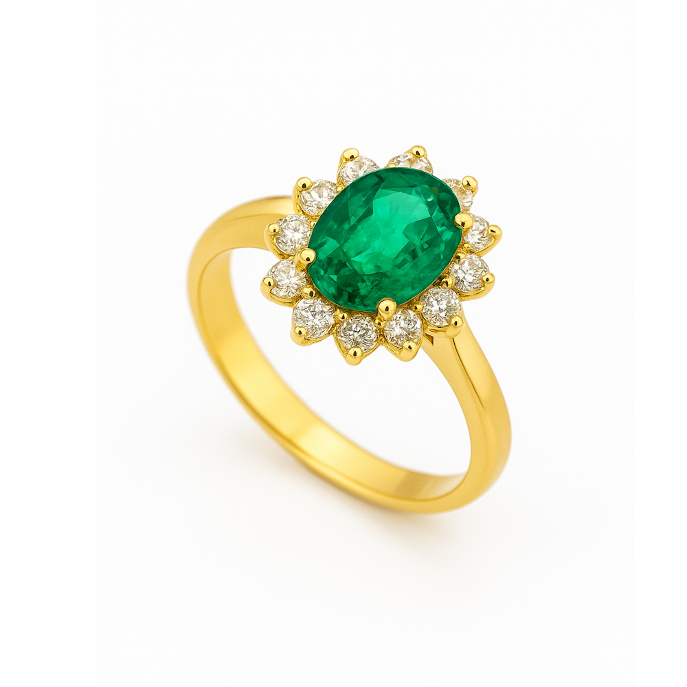 ANEL EM OURO 18K C/ 10 DIAMANTES 0,25CT E 1 ESMERALDA 0,35CT