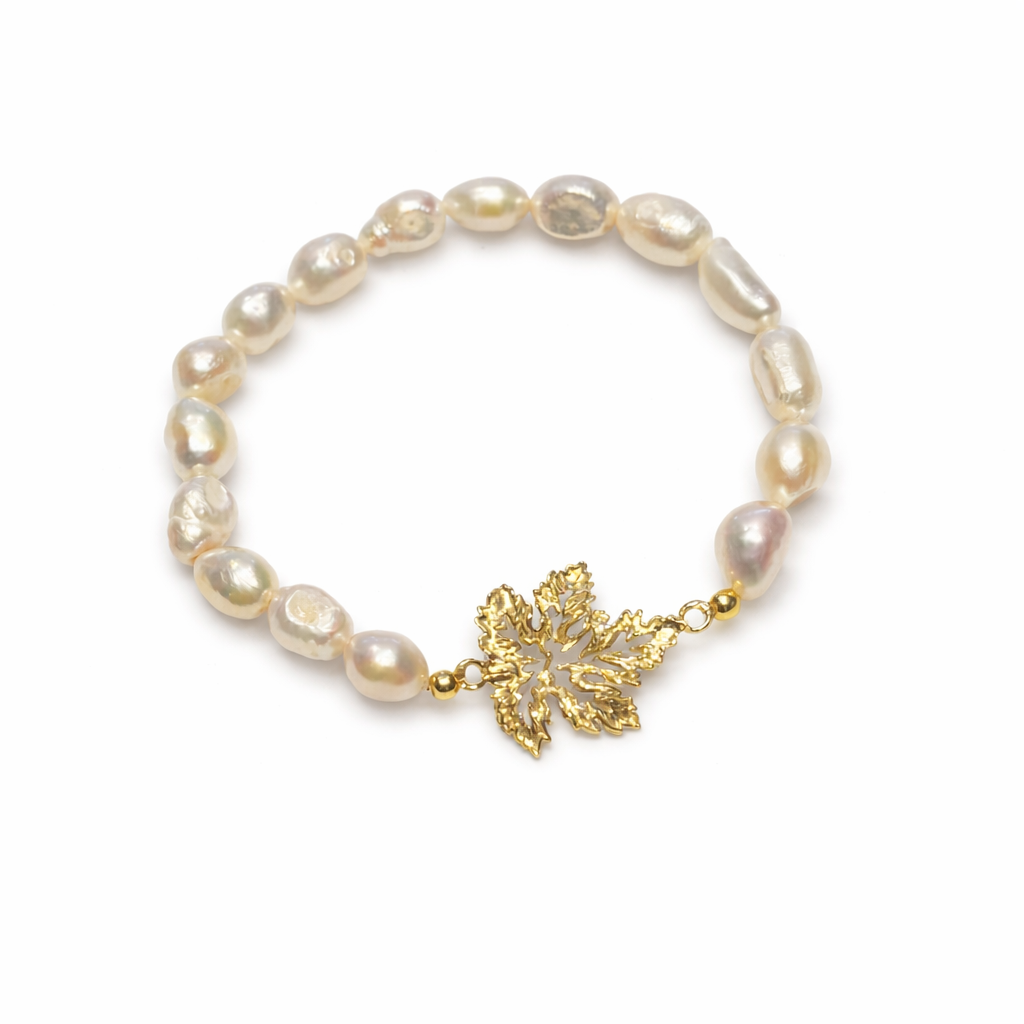 PULSEIRA EM PRATA 925 E PEROLAS DE ÁGUA DOCE COM FOLHA