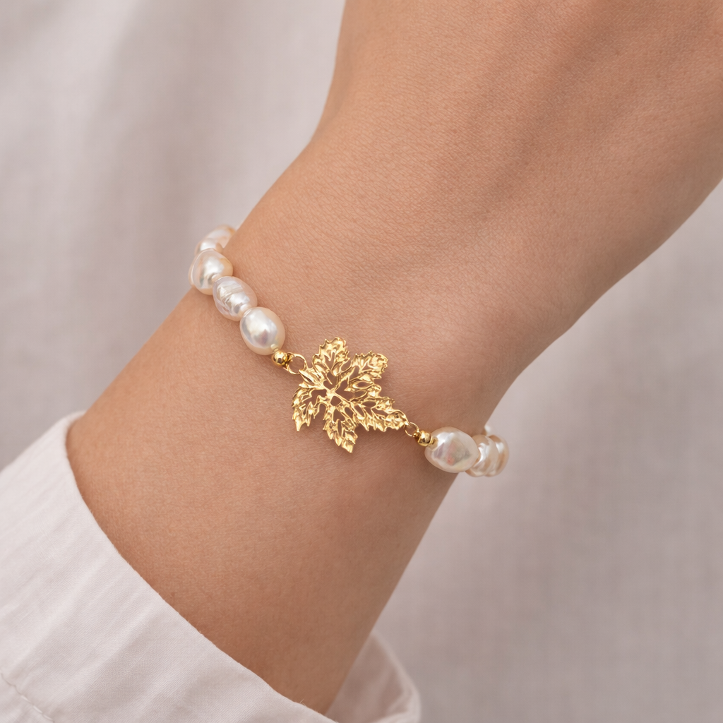 PULSEIRA EM PRATA 925 E PEROLAS DE ÁGUA DOCE COM FOLHA