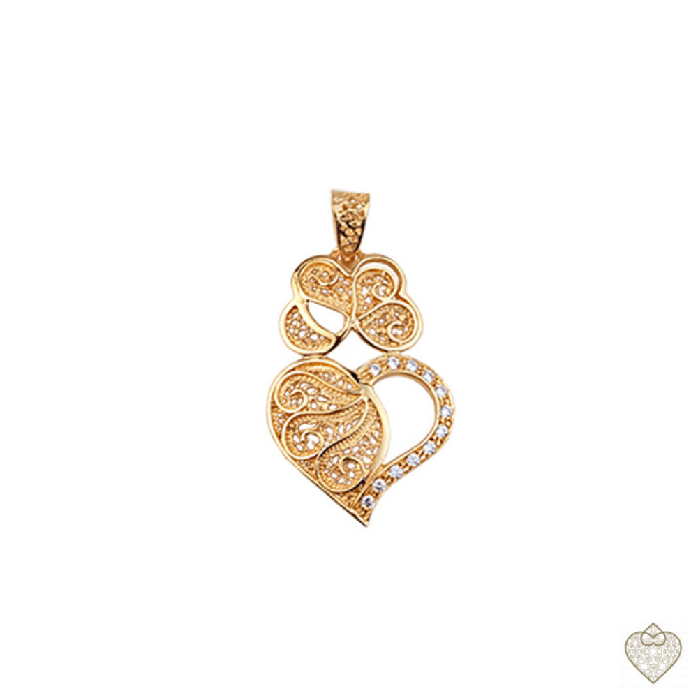 CORAÇÃO FILIGRANA SAUDADE EM PRATA 925 DOURADA COM ZIRCONIAS PESO 9.90GRS 6CM
