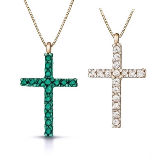 COLAR EM OURO 18K CRUZ COM DIAMANTES 0.10CT E ESMERALDAS 0.12CT
