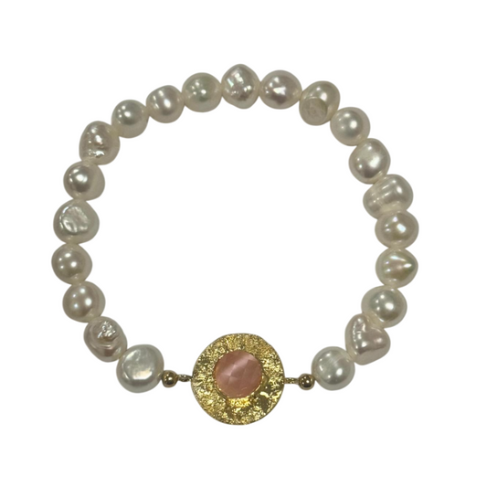PULSEIRA EM PRATA 925 COM PEROLAS E PEDRA ROSA