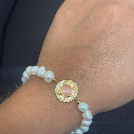 PULSEIRA EM PRATA 925 COM PEROLAS E PEDRA ROSA