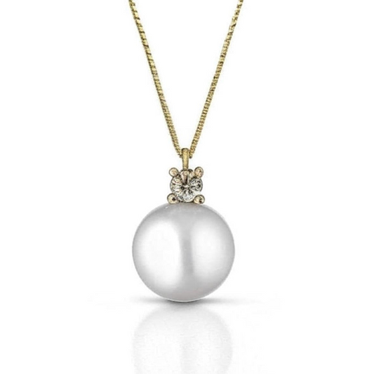 COLAR EM OURO 18K COM DIAMANTES 0.01CT E  PEROLA 6MM