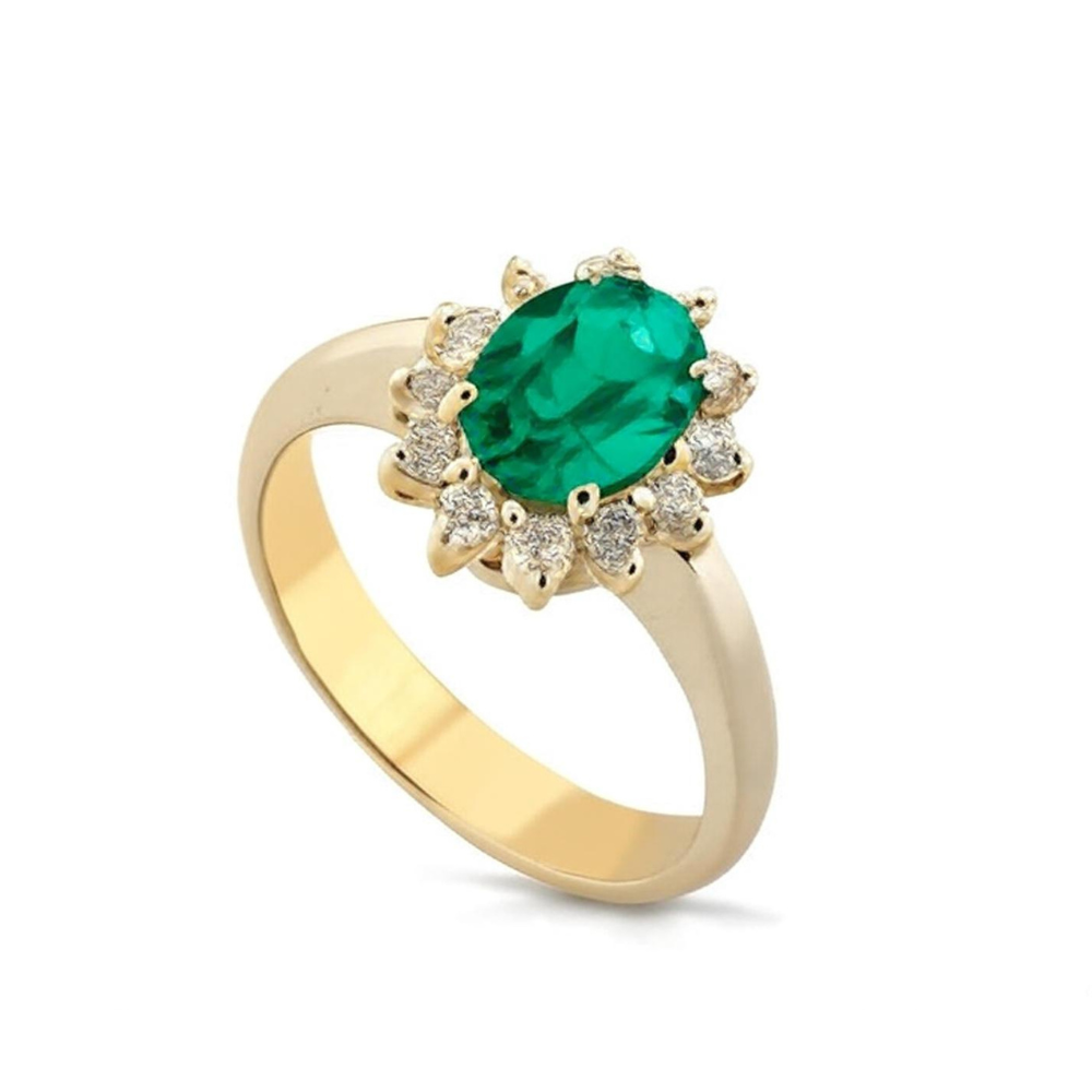 ANEL EM OURO 18K C/ 10 DIAMANTES 0,25CT E 1 ESMERALDA 0,35CT