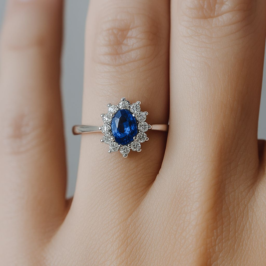 ANEL JOALHARIA EM OURO 19,2K C/ 1 SAFIRA 1,17CT  12 DIAMANTES 0.023CT