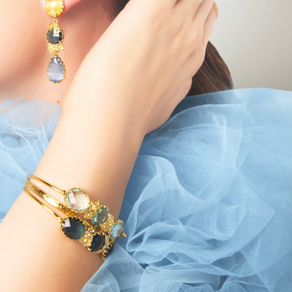 BRINCOS FRIDA PRINCESA  EM PRATA 925% DOURADA AMARELO LIMÃO E AZUL PETROLIO