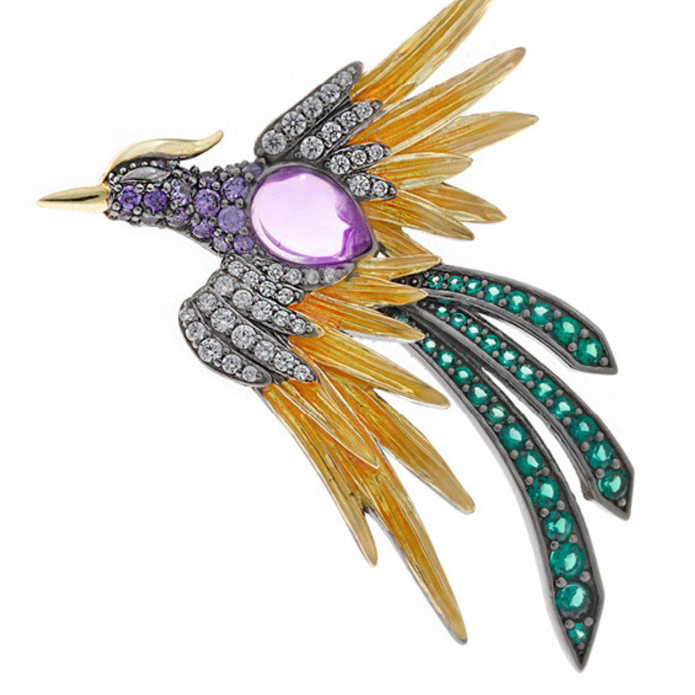 ALFINETE SALVATORE PRATA 925% DOURADA ( AVE  FENIX AMATISTA )