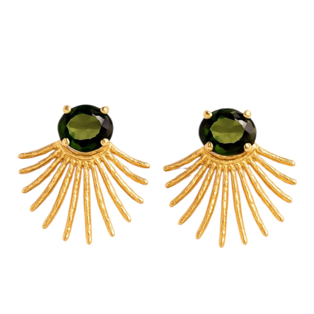 BRINCOS EM PRATA 925% DOURADA C/ PEDRA VERDE