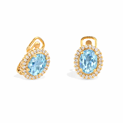 BRINCOS EM OURO COM ZIRCONIAS E PEDRA AZUL AGUA MARINHA