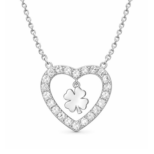 COLAR PRATA CORAÇÃO C/ PEDRAS BRANCAS TREVO