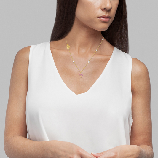COLAR UNIKE FUN SS26 HEART & SUN GOLDEN EM PRATA 925