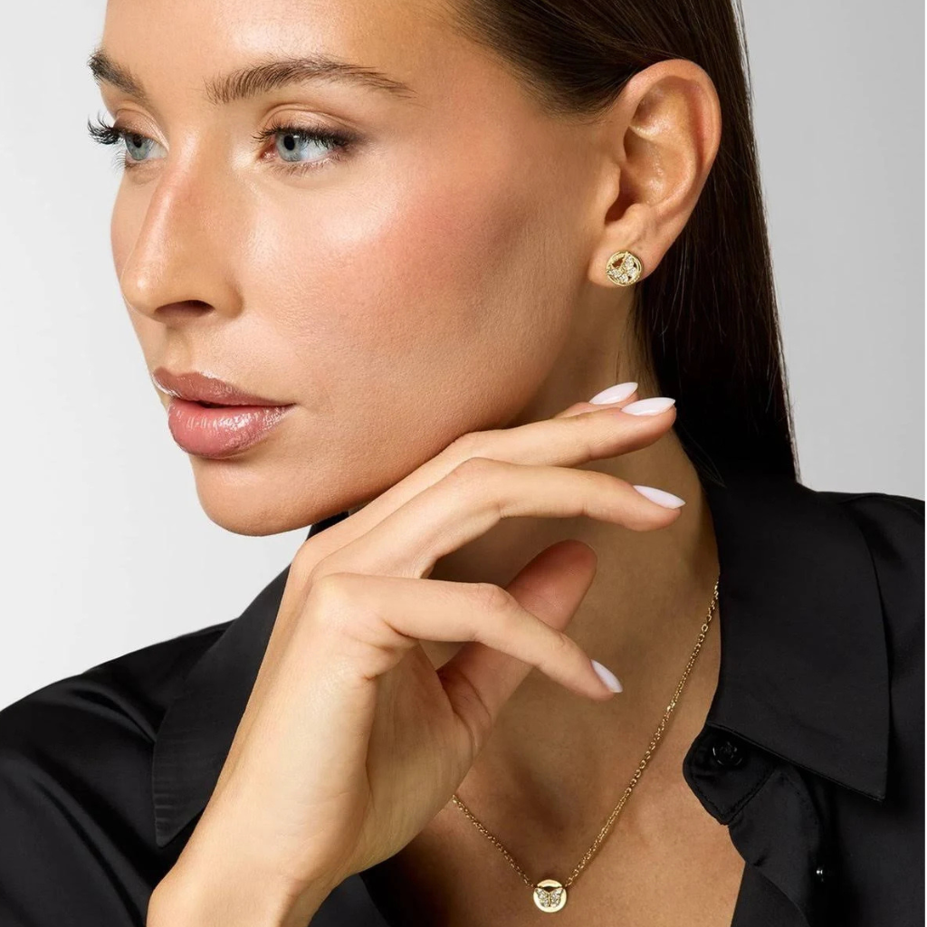 BRINCOS  GUESS EM AÇO DOURADO COM ZIRCONIAS