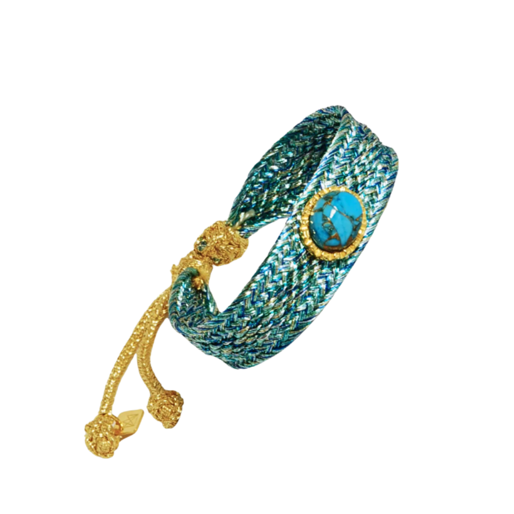 PULSEIRA EM TECIDO COM APLICAÇÃO DE UMA TURQUESA PRATA 925 PLAQUEADO A OURO - COULEURS D' ARGENT