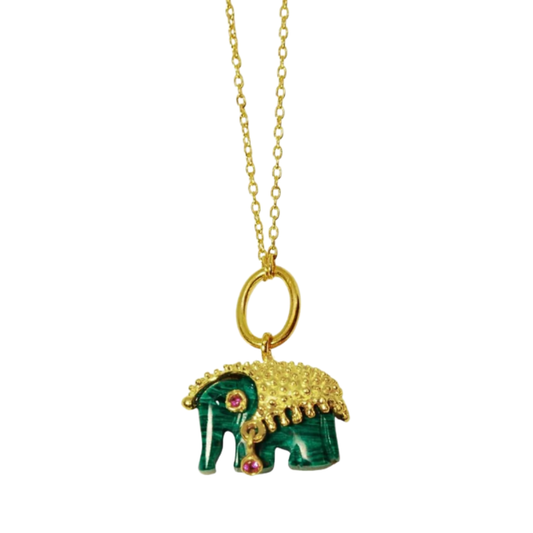 COLAR  EM PRATA 925 ELEFANTE COM PEDRA MALAQUITE  PLAQUEADO A OURO - COULEURS D' ARGENT