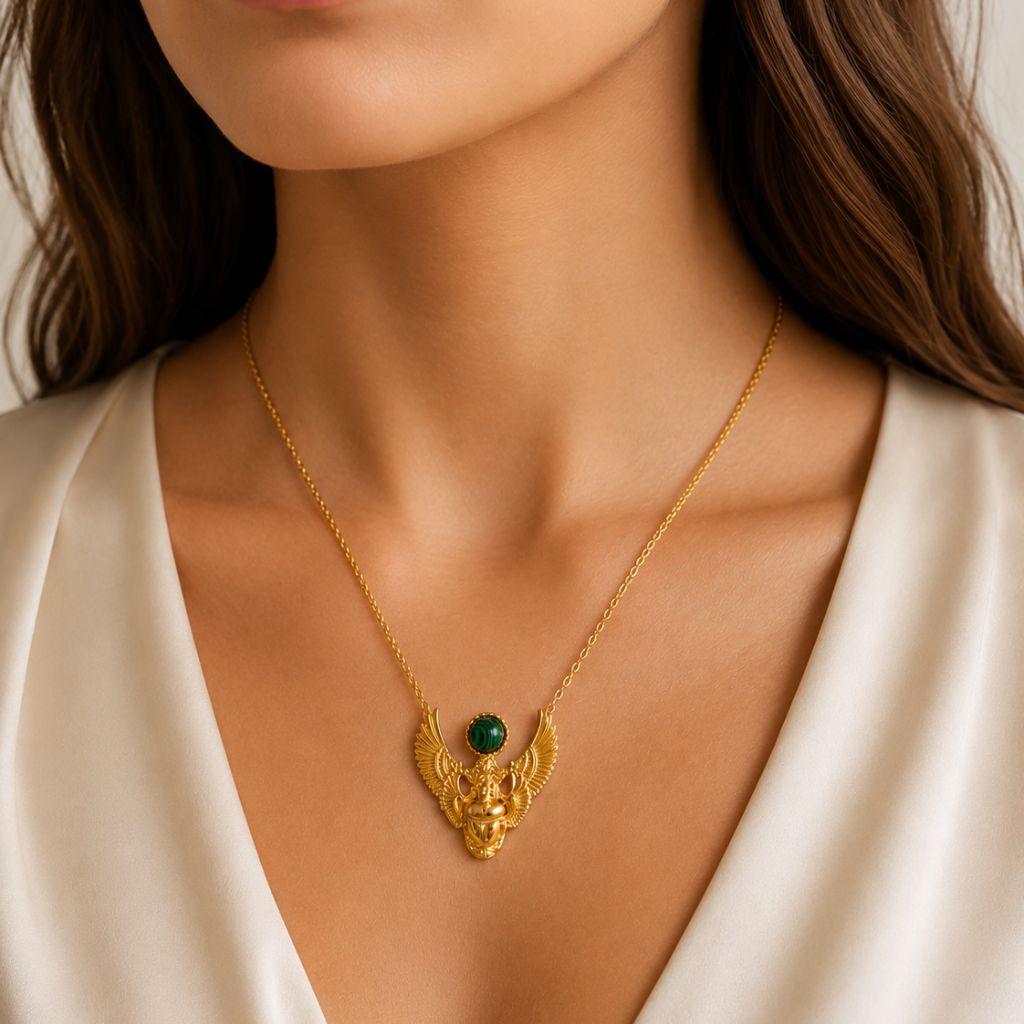COLAR  EM PRATA 925 COM PEDRA MALAQUITE  PLAQUEADO A OURO - COULEURS D' ARGENT