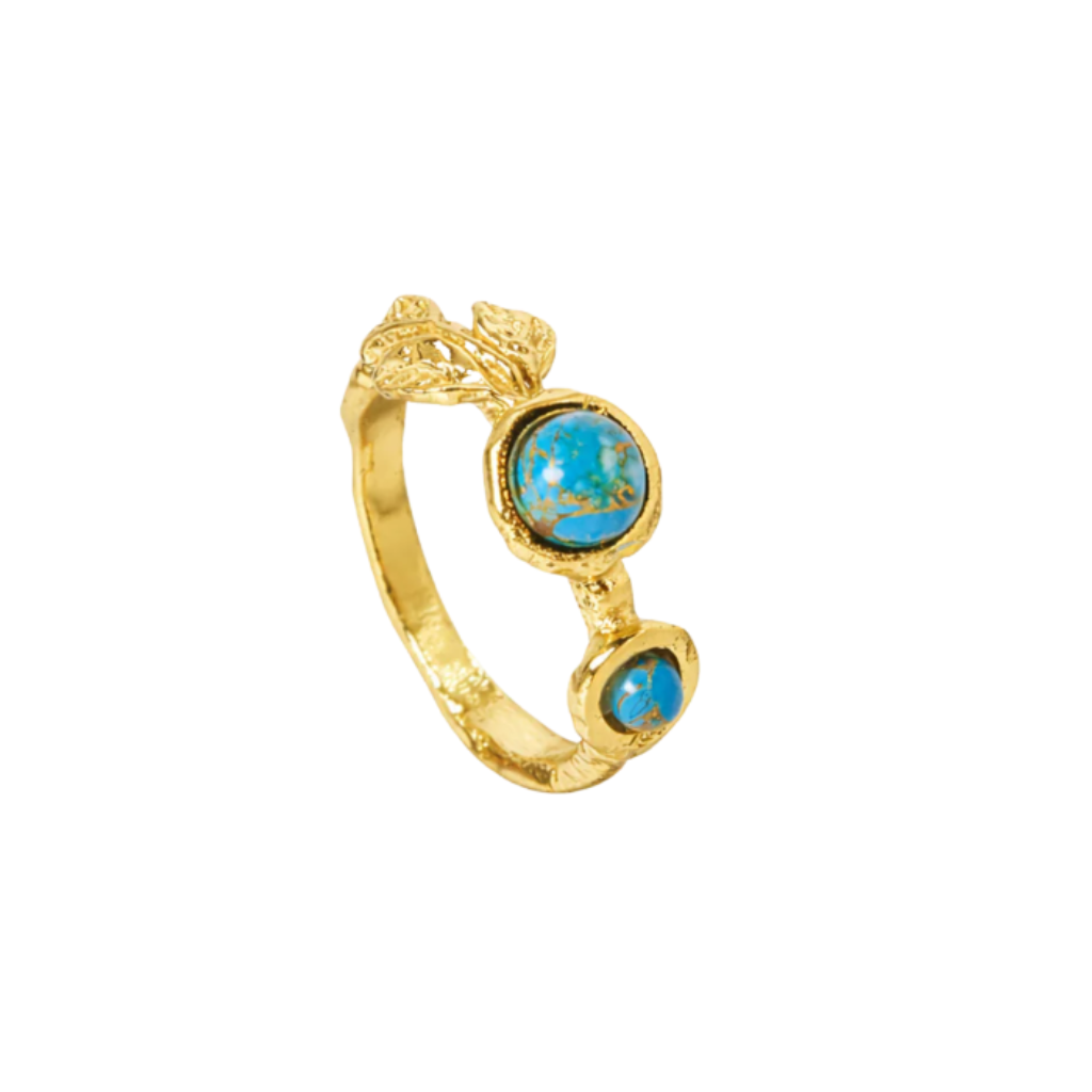 ANEL EM PRATA 925 COM PEDRA TURQUESA PLAQUEADO A OURO - COULEURS D' ARGENT