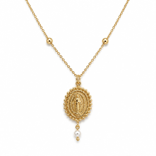 COLAR EM PRATA 925 DOURADA COM SANTA MILAGROSA E PEROLA