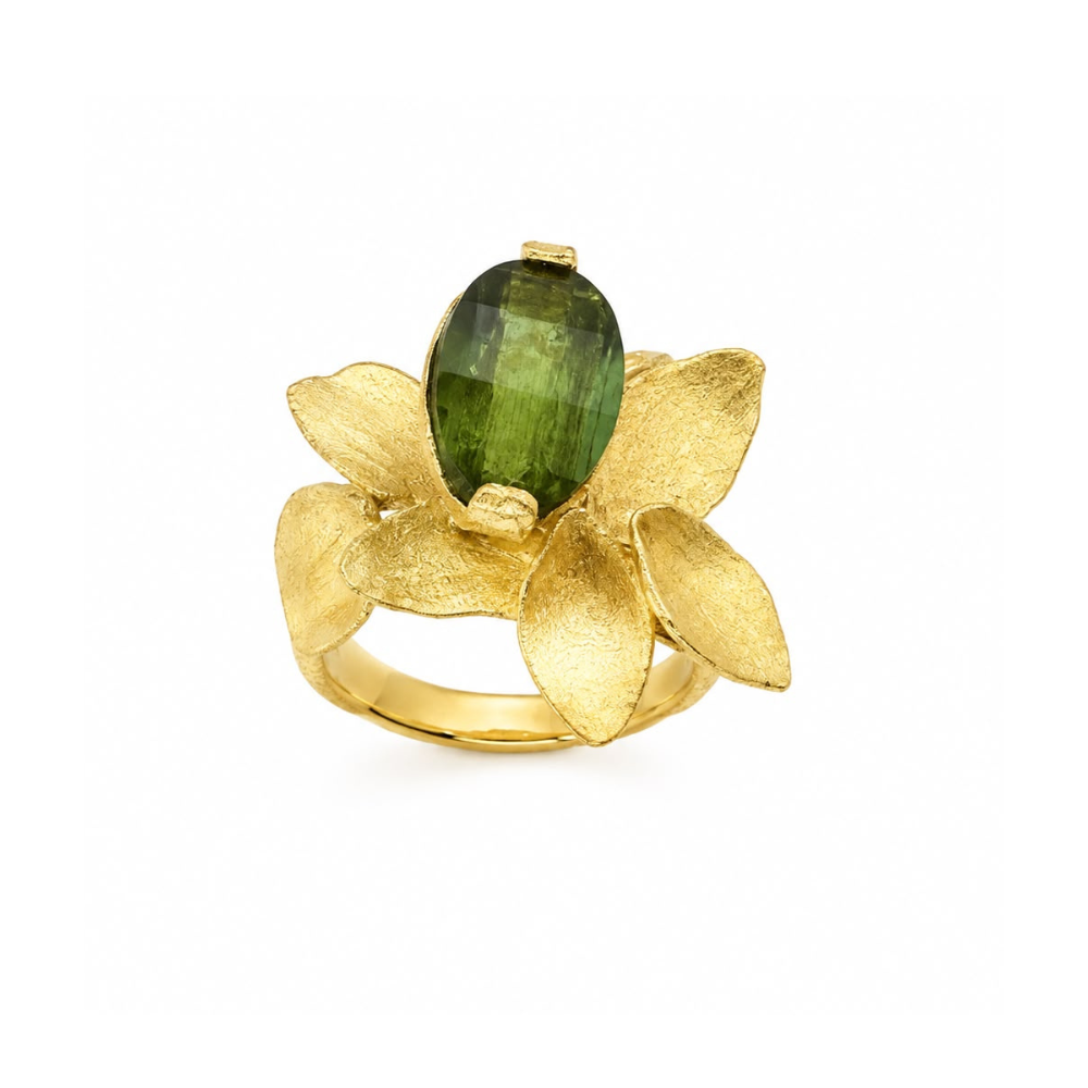 ANEL EM PRATA 925 DOURADA COM PEDRA VERDE - XAMMA
