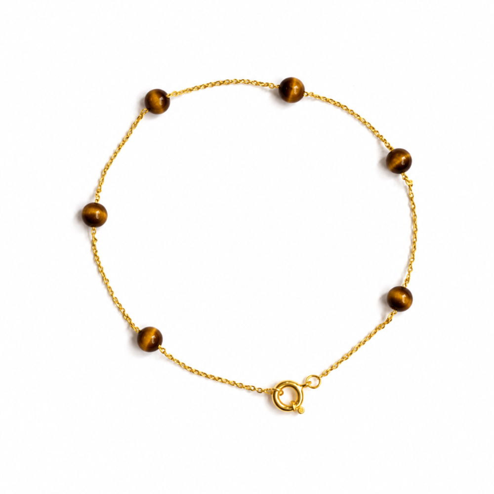 PULSEIRA EM OURO 19.2 COM BOLAS PEDRAS OLHO DE TIGRE