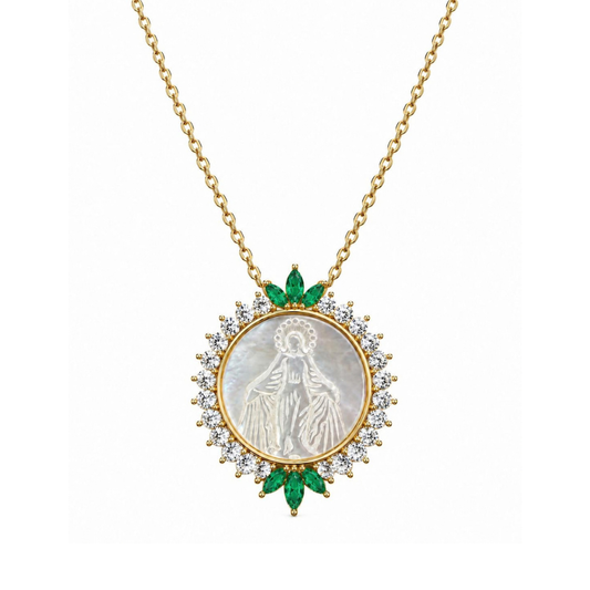 COLAR EM PRATA 925 DOURADA COM PEDRAS VERDES E IMAGEM RELIGIOSA