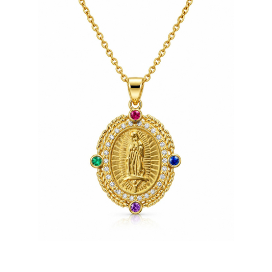COLAR EM PRATA 925 DOURADA COM PEDRAS DE COR E IMAGEM RELIGIOSA