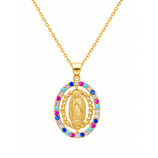 COLAR EM PRATA 925 DOURADA COM PEDRAS DE COR E IMAGEM RELIGIOSA