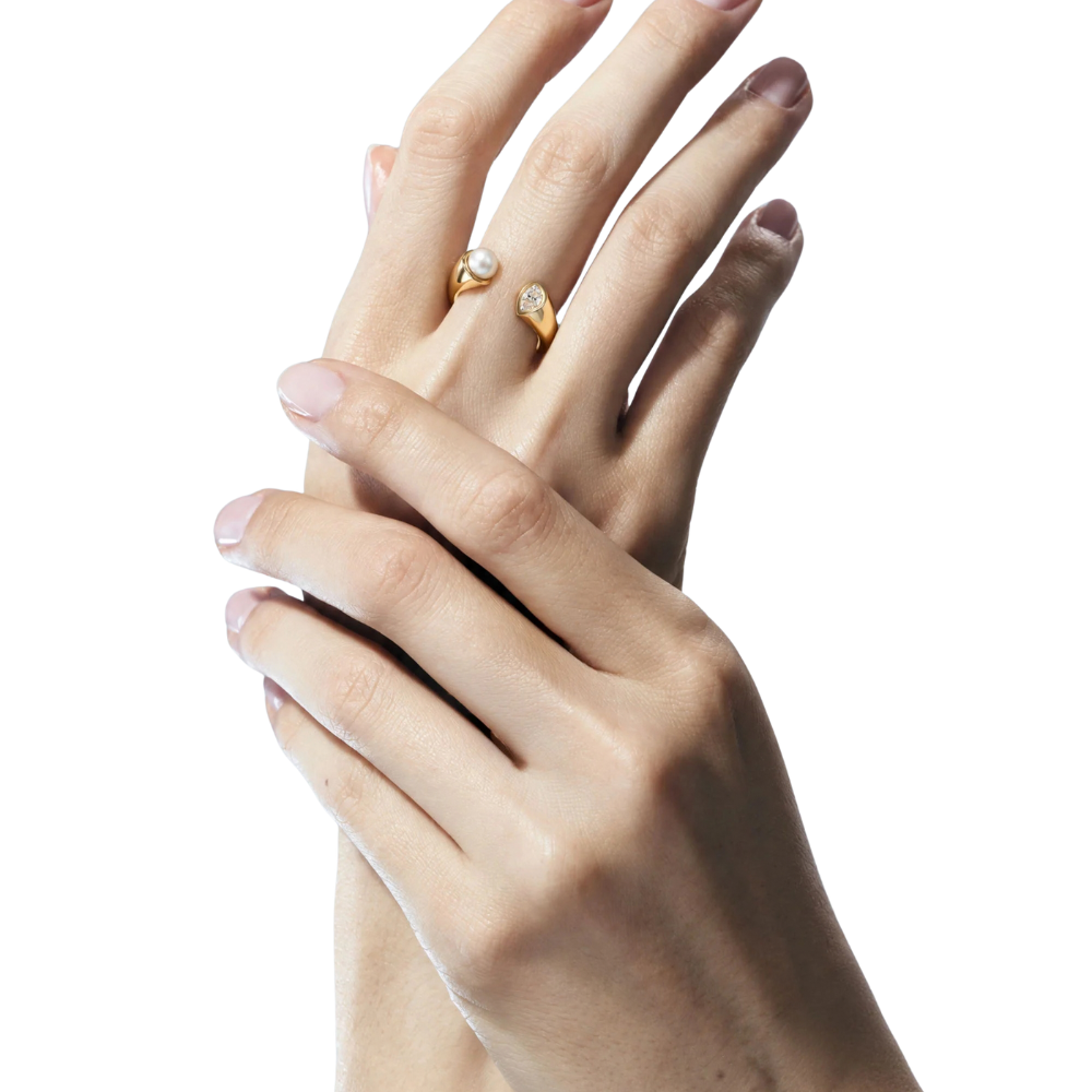 ANEL MAJORICA EM PRATA 925% PLAQUEADO A OURO C/ ZIRCONIA E PEROLA 4MM