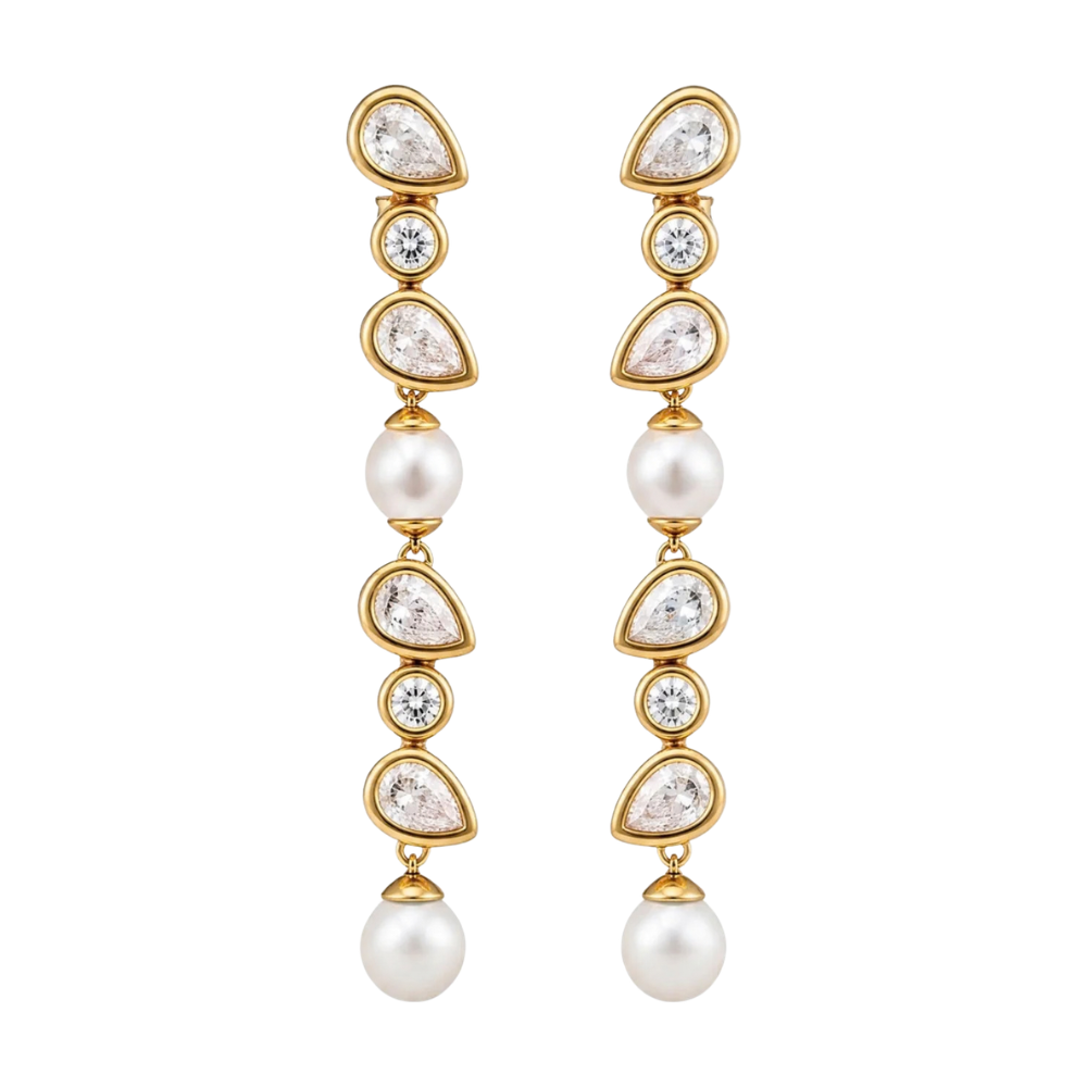 BRINCOS MAJORICA EM PRATA 925% PLAQUEADA A OURO COM ZIRCONIAS E PEROLAS 5MM
