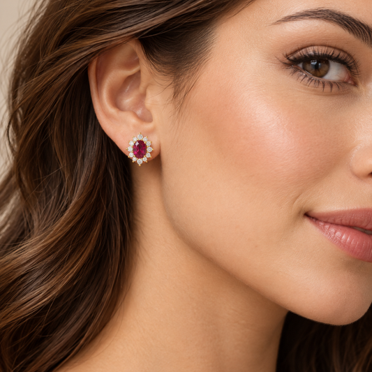 BRINCOS DE PRATA 925% PLAQUEADOS A OURO C/ ZIRCONIAS ( VERMELHO )