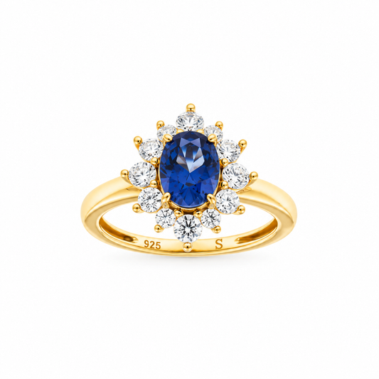 ANEL DE PRATA 925% PLAQUEADO A OURO C/ ZIRCONIAS  ( AZUL )