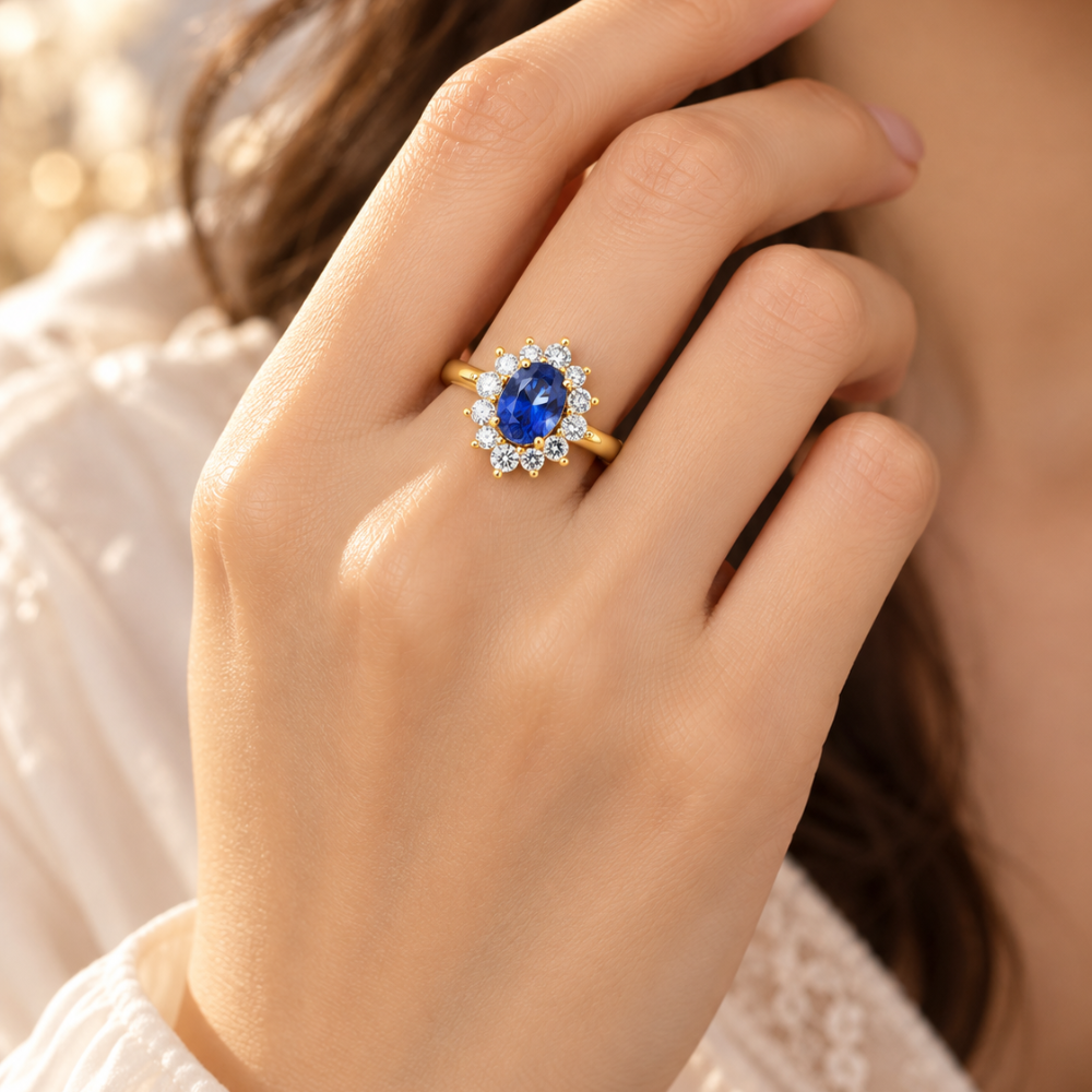 ANEL DE PRATA 925% PLAQUEADO A OURO C/ ZIRCONIAS  ( AZUL )