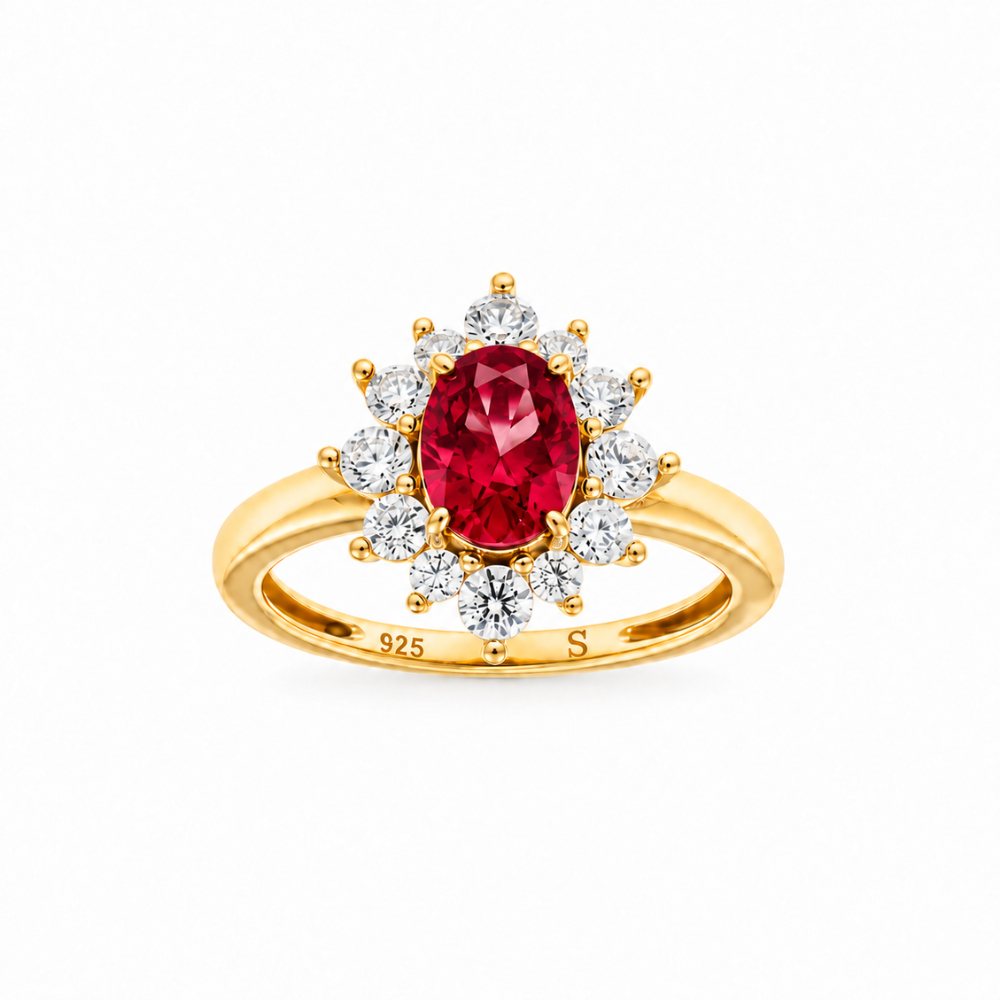 ANEL DE PRATA 925% PLAQUEADO A OURO C/ ZIRCONIAS  ( VERMELHO )