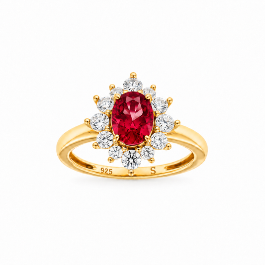 ANEL DE PRATA 925% PLAQUEADO A OURO C/ ZIRCONIAS  ( VERMELHO )