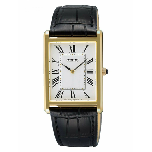 RELOGIO SEIKO HOMEM BRACELETE EM PELE PRETA CAIXA DOURADA SWR104P1