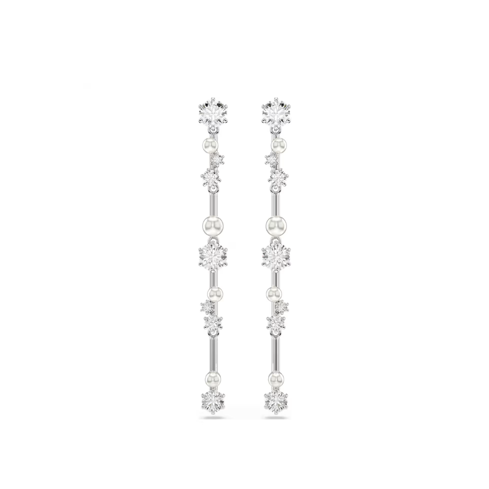 Brincos Swarovski compridos Constella Crystal Pearl, Lapidações redondas, Branco, Lacado a ródio