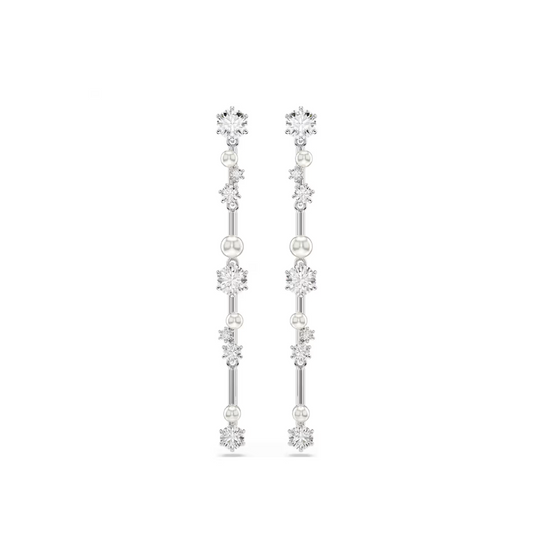 Brincos Swarovski compridos Constella Crystal Pearl, Lapidações redondas, Branco, Lacado a ródio