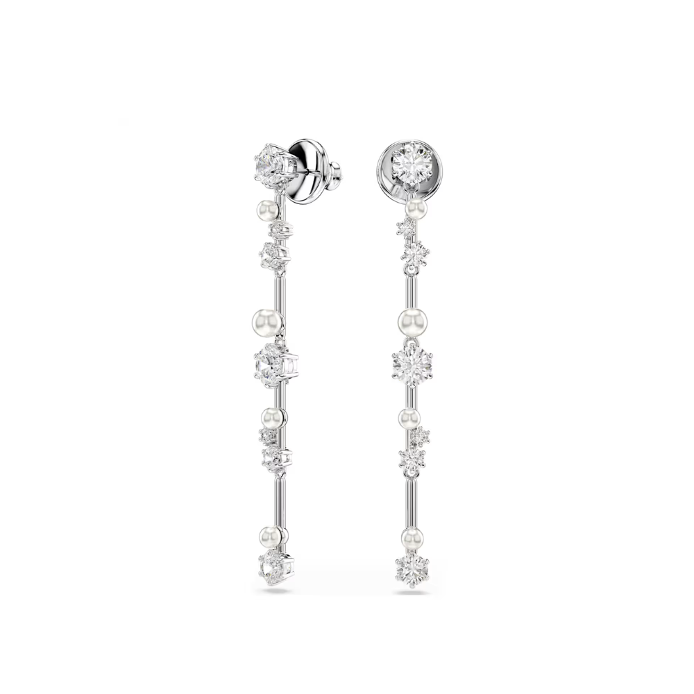 Brincos Swarovski compridos Constella Crystal Pearl, Lapidações redondas, Branco, Lacado a ródio