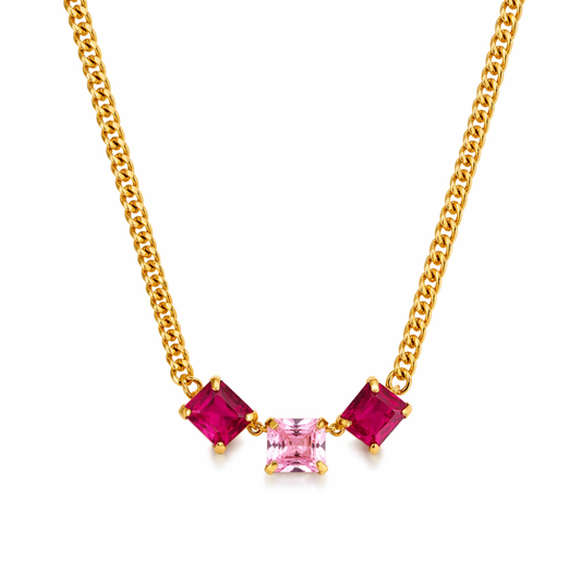 COLAR EM PRATA 925% DOURADA COM PEDRAS ROSAS