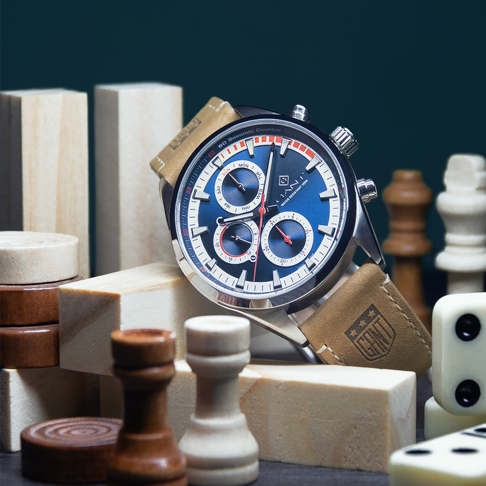 RELOGIO GANT ATLANTIC CITY 44mm MUS AZUL CINZA, PELE CASTANHA G18002