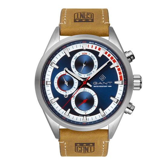 RELOGIO GANT ATLANTIC CITY 44mm MUS AZUL CINZA, PELE CASTANHA G18002