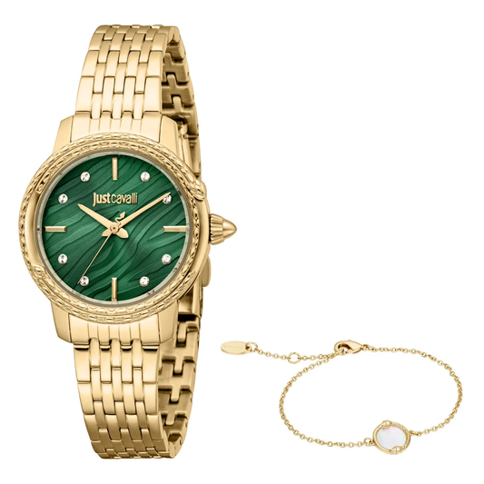 Relógio Just Cavalli + Pulseira Euforia Green/Yellow gold toned steel Ø30 mm